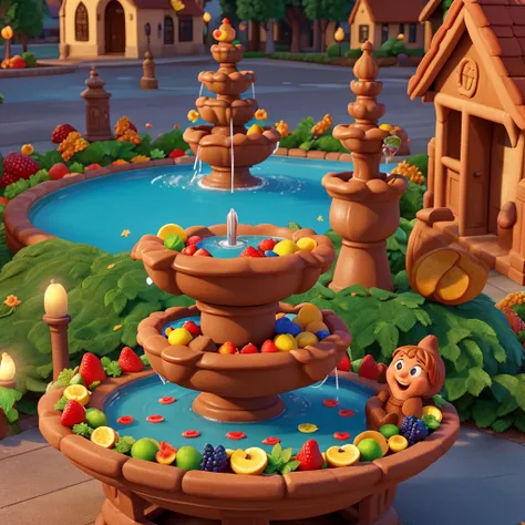 overhead view, cartoonish style, Estilo Pixar, 3D стиль, Octane rendering, on the square in the center of the cartoon gingerbread town there is a cartoon ((fountain)) shaped like a seashell, (Water and various cartoon fruits pour from the fountain), (pay s...