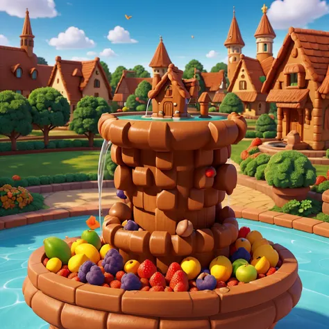 overhead view, cartoonish style, Estilo Pixar, 3D стиль, Octane rendering, on the square in the center of the cartoon gingerbread town there is a cartoon ((fountain)) shaped like a seashell, (Water and various cartoon fruits pour from the fountain), (pay s...