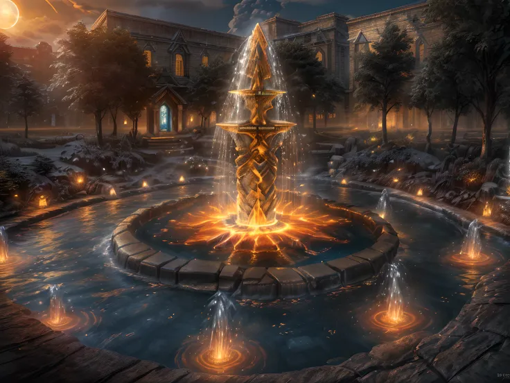 Fantasy art, RPG art, RAW, a picture of an epic sized magical (water fountain: 1.3) in an elven city town square, it has magical runes gl0w1ngR in the basin of the fountain, many rivulets of water entwined in (glowing fire: 1.2), gl0w1ngR , the fire, red f...