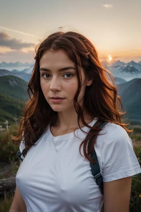 (Best Quality, hyper realistic photography), Magnificent Norwegian mountain peak, sea of clouds, Woman watching sunset, white t-shirts, Trekking Shorts, trekking boots, rucksack, (ultra-delicate face, Super Beautiful Maid, Super delicate eyes, Ultra-detail...