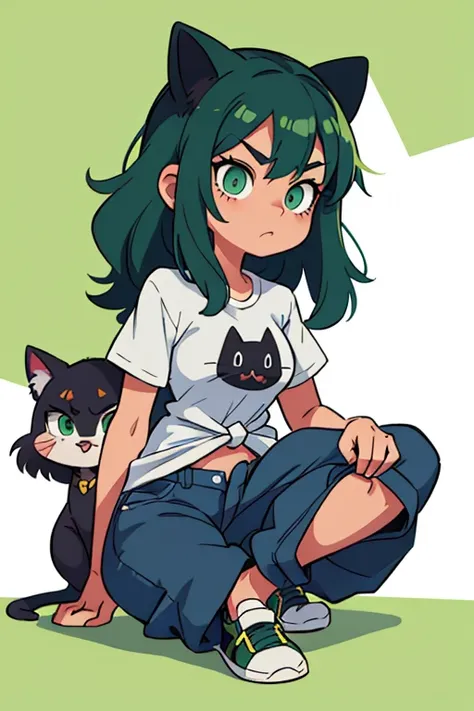 a 1girl, a cat,white tshirt,black blanket tied around the hips,blue jeans,Green eyes,green hair,black sneakers with white front.