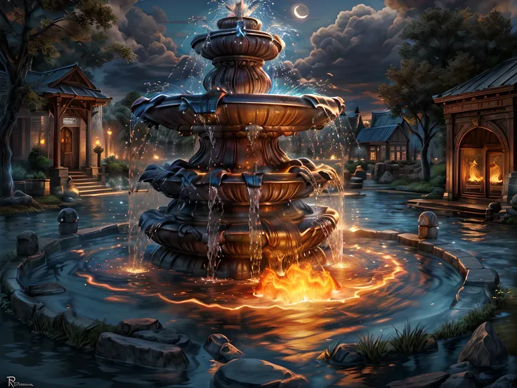 Fantasy art, RPG art, RAW, a picture of an epic sized magical (water fountain: 1.3) in an elven city town square, it has magical runes gl0w1ngR in the basin of the fountain, many rivulets of water entwined in (glowing fire: 1.2), gl0w1ngR , the fire, red f...