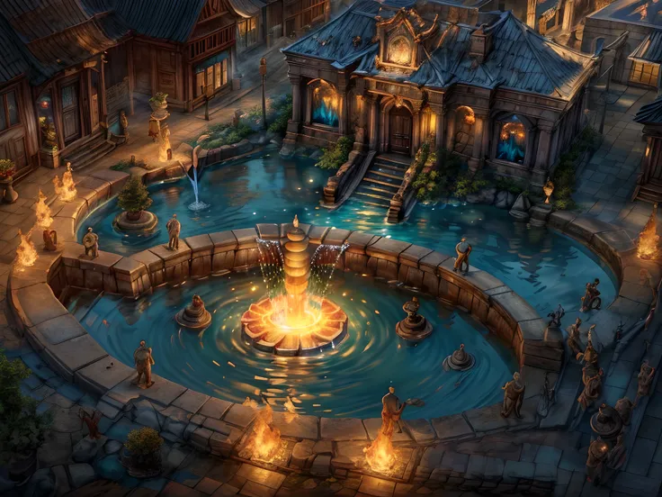 Fantasy art, RPG art, RAW, a picture of an epic sized magical (water fountain: 1.3) in an elven city town square, it has magical runes gl0w1ngR in the basin of the fountain, many rivulets of water entwined in (glowing fire: 1.2), gl0w1ngR , the fire, red f...