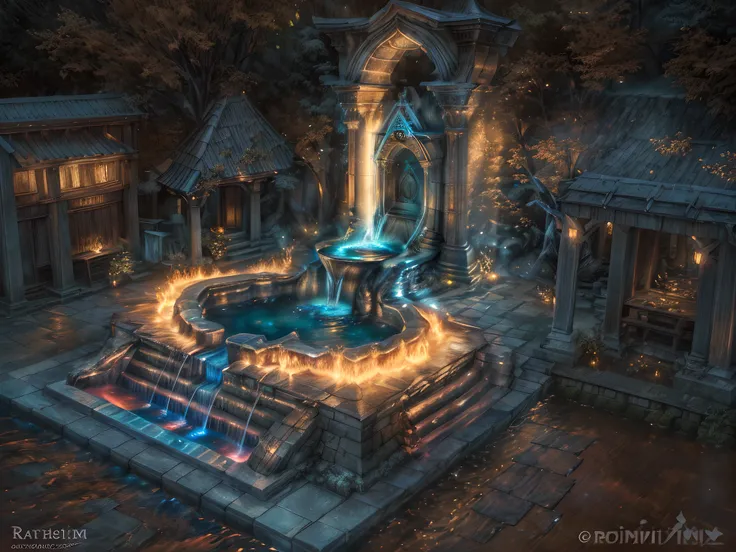 fantasy art, rpg art, raw, a picture of an epic sized magical (water fountain: 1.3) in an elven city town square, it has magical...