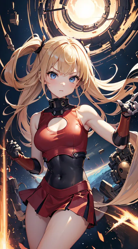 top-quality、Top image quality、​masterpiece、girl with((Red Leotard、Black Mechanical Armor、sixteen years old、teen ager、cute little、Best Bust、big bast,Beautiful light blue eyes、Breasts wide open, a blond、A slender,Large valleys、belligerent movements,Warlike f...