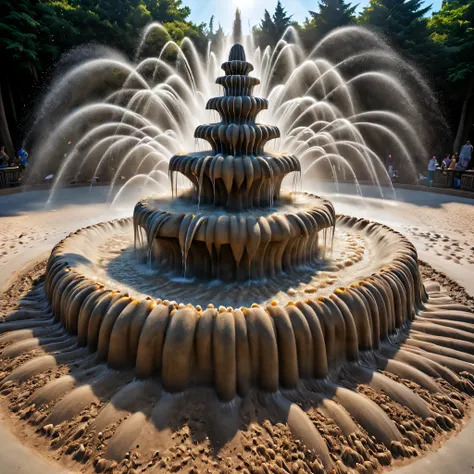 Magical colorful fountain with radiant sand sculpture style，Sparkling water droplets in the sun，dancing water pattern，bubbling display，rainbow colored waterfall，Rhythmic water dance，Vivid interactive experience，water jet in air，Charming water view，Festive ...