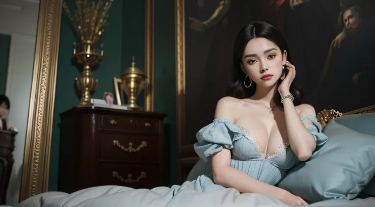 An aristocratic young woman from a fictional European medieval aristocracy is looking at us with seductive eyes, Wears a simple, Very low fabric dress，Plain big breasts. Her small, Well-proportioned breasts tilted forward，The tip is almost invisible. His f...