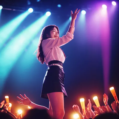 Kpop idols performing on stage, black short tight dresses, song performance, Kpop girl group, riotous atmosphere, stage above the hall, (best quality, 8k, 16k, highres, masterpiece:1.2), ultra-detailed, (realistic, photorealistic, photo-realistic:1.37), pr...