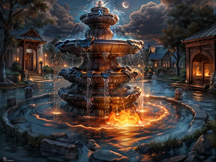 Fantasy art, RPG art, RAW, a picture of an epic sized magical (water fountain: 1.3) in an elven city town square, it has magical runes gl0w1ngR in the basin of the fountain, many rivulets of water entwined in (glowing fire: 1.2), gl0w1ngR , the fire, red f...