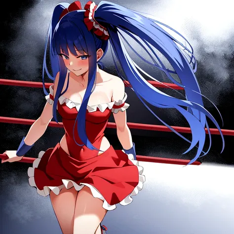 furudo erika, 1girl, solo, smile, smug, red dress, (frills:1.2), twintails, standing, detailed background, (Tight leotard)), ((sexy pose)), ((Wrestling ring)), (Big tits), (Wide hips)