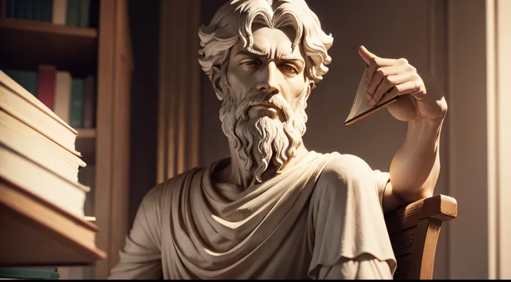 Stoic, highly detailed sculpture of philosopher Epictetus Seated on a Stone Chair, position of authority/ensino
Segurando um livro aberto intitulado "O Manual" fundo escuro