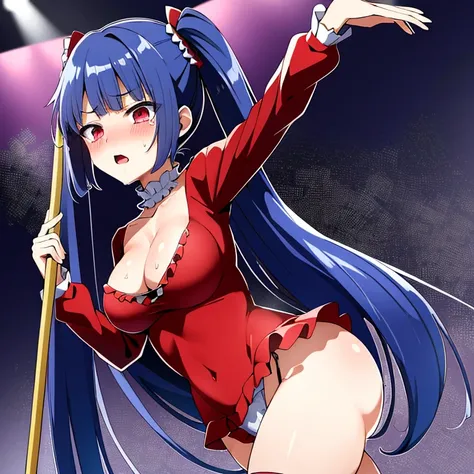 furudo erika, 1girl, solo, red dress, (frills:1.2), twintails, tears, cry, sad expression, (Tight leotard)), ((sexy pose)), ((Wrestling ring)), (Big tits), (Wide hips), hiding face