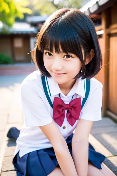 japan girl, short hair, black hair, junior high school girl, model, idol, school campus, teen, baby face, cute school uniform, girl, (14 years old), panties shot, manga, vibrant colors, cherry blossoms, traditional Japanese architecture, kawaii, (bright an...