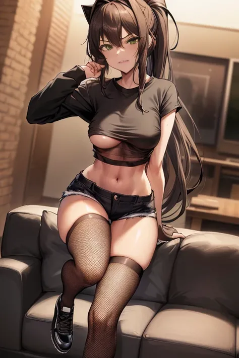 full body, full pose, 2d, masterpiece, best quality, anime, highly detailed, slim body, slim legs, slim thights, cowboy shot, 1girl, solo, monika, green eyes, very long hair, ponytail, ((underboob)),((black tshirt:1.5)), medium breasts, ((squating)), livin...