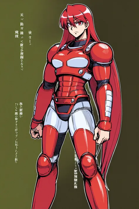 ,, red hair,sentai armor, superhero, metal hero, standing, solo focus, living hair, long hair,mature male,flatchest