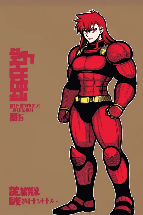 ,, red hair,sentai armor, superhero, metal hero, standing, solo focus, living hair, long hair,mature male,flatchest