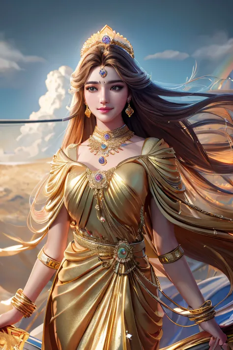 masterpiece,ultra realistic,32k,extremely detailed CG unity 8k wallpaper, best quality,1lady,
pretty girl,goddess,goddess, royal style, gold accessories, royal style, gold accessories, by DC comics ,(🌈,🌕,⛈️,⭐️,✨),((wind)),