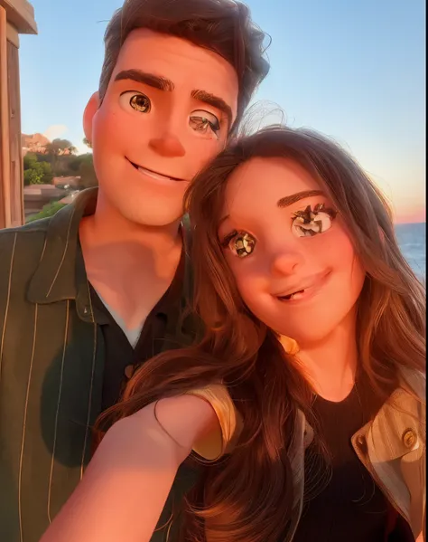 A woman taking a selfie with a man standing close behind her, smiling to the camera during the sunset looking like out of a Pixar movie