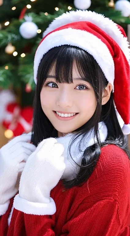 Beautiful black hair woman、japanes、Christmas、Christmas Cosplay、snowscape、A slight smil