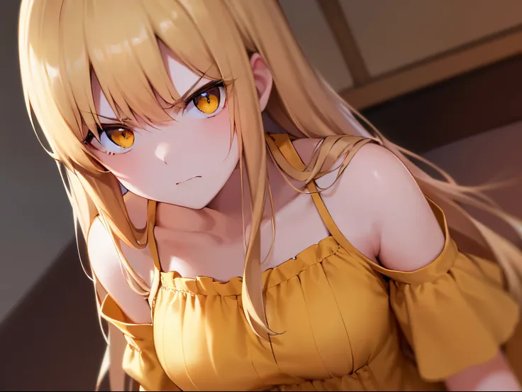 Angle from above, High angle, ​masterpiece、hightquality、(Blonde long hair, yellow  eyes)、An 18-year-old woman、(Alone:1.5)、She is wearing an orange collarless short-sleeved blouse.、(Angry look:1.1)、Close-up of the subjects face、(Only the upper body is shown...