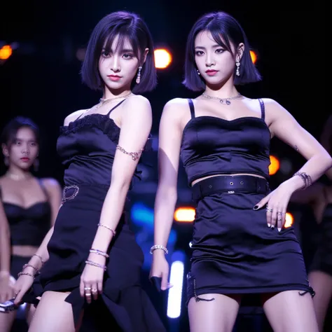 Best quality, masterpiece, ultra high res, (photorealistic:1.5), raw photo, Kpop idols performing on stage, black short tight dresses, in the dark, deep shadow, low key, cold light, sexy look, short hair