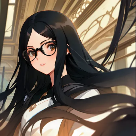 Girl with long black hair and glasses