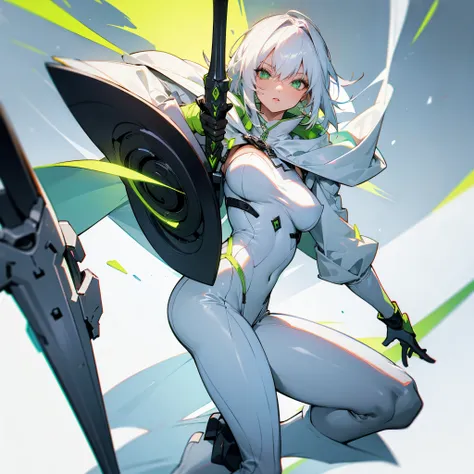 White hair, lime green eyes, white outfit with a cape and hoodie, black boots, beautiful female, b cup, heroic, excalibur in right hand