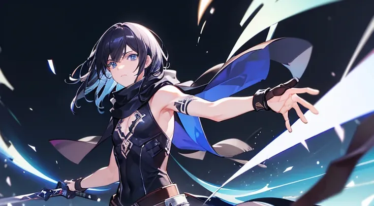 (best quality,high-resolution,ultra-detailed,masterpiece:1.2),realistic lighting,dramatic scene,absurdity, solo, a boy with black hair, white sleeveless attire, handsome, detailed eyes, detailed face, black scarf, two swords, dual-wielding, a sword surroun...