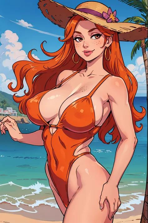 (masterpiece, official art), 1girls, solo, orange hair, brown eyes, straight medium hair, hair ornament, leona(league_of_legends), (purple tight full closed swimsuit), (closeup), portrait, (gigantic breasts), (at beach), straw hat, ring earrings, looking a...