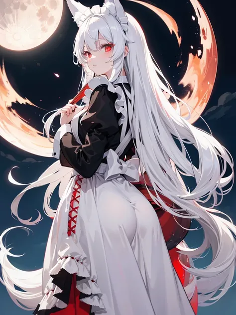 Highest Quality, White hair, Long hair, Red Eyes, (maid clothes:1.2), Wolf ears, Wolfs tail, Big Full Moon in the Night Sky, Big ass, tusk