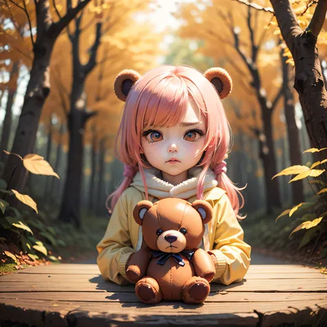 (Chibi Teddy Bear:1.3)、(Chibi Pork Plush Toy:1.2)Fairytale autumn forest、You and I are friends、angry looking face、Kigurumi、Face Only Girl