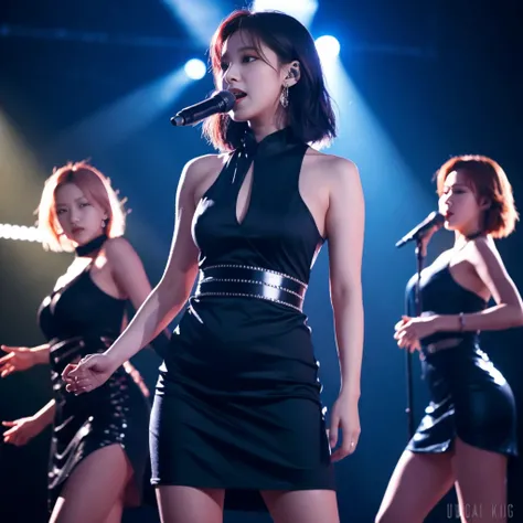 Best quality, masterpiece, ultra high res, (photorealistic:1.5), raw photo, Kpop idols performing on stage, black short tight dresses, in the dark, deep shadow, low key, cold light, sexy look, short hair