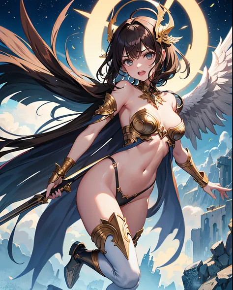 fantasy, 1angel_girl,child, loli,brown_hair, medium_bob_hair, long_bangs, halo,bare_shoulder,thighhighs,silver_armor, waist_armor, large_breasts,angry,grinning,open_mouth_teeth, 1pair_wings, dynamic_pose_fighting,floating, bare_crotch, headgear,gauntlet, g...