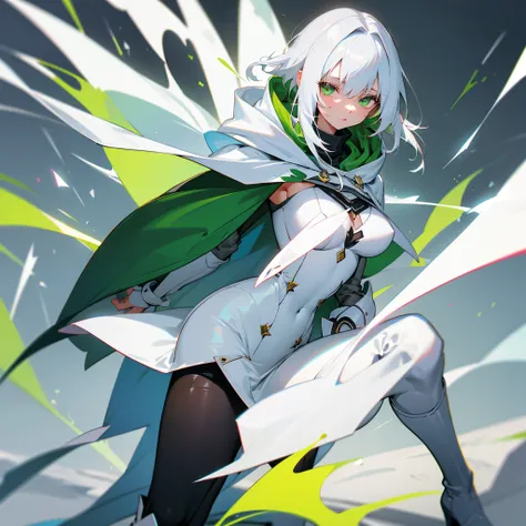 White hair, lime green eyes, white outfit with a cape and hoodie, black boots, beautiful female, b cup, heroic, excalibur in right hand