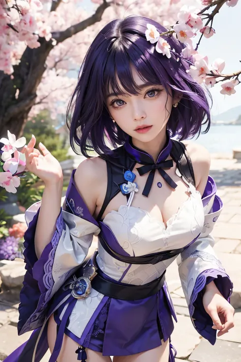 Realistic, raiden ei (genshin impactc), ultra detail, masterpiece, high quality, purple hair