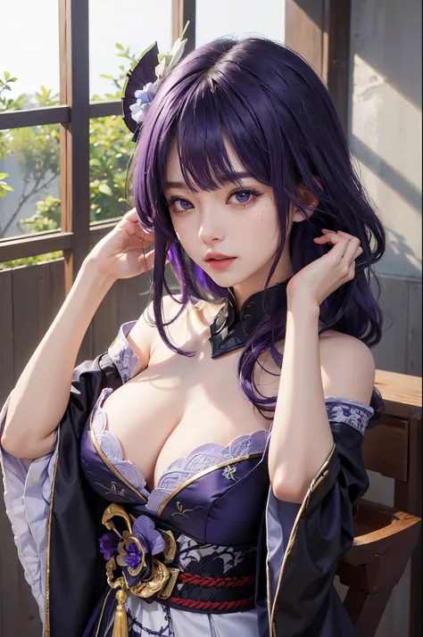 Realistic, raiden ei (genshin impactc), ultra detail, masterpiece, high quality, purple hair