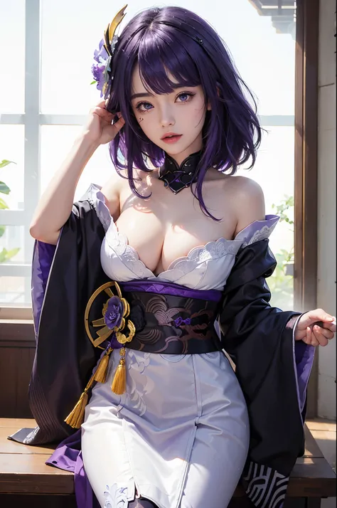 Realistic, raiden ei (genshin impactc), ultra detail, masterpiece, high quality, purple hair