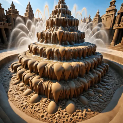 Sand sculpture style colorful fountain，radiant，Sparkling water droplets in the sun，dancing water pattern，bubbling display，rainbow colored waterfall，water jet in air，Festive atmosphere，splashing water drops，floating mist atmosphere，A breathtaking feast for ...