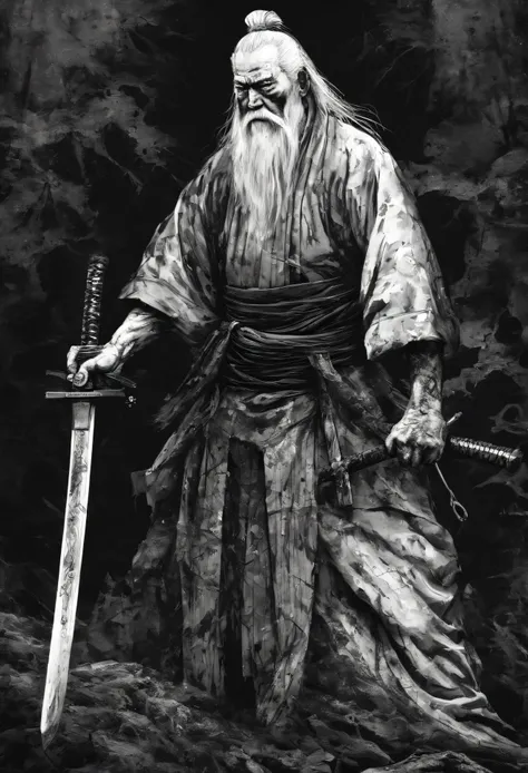 Historical, a old man, Samurai,battered,of a shirtless, Japanese Katana Sword, Long white hair, Long white beard，samurais,Grandpa, Burst，Knelt，Seppuku kills yourself