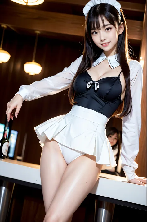 perfect anatomia：1.1、Soio、Japan beautiful girl、Looks like an idol、maid style leotard（Leotard）、quiet bar at night、a beautiful slender girl、Full body depiction、Slender and beautiful legs、A smile、12year old、wide Shots、highleg、Straight Long Hair、Maid style lon...