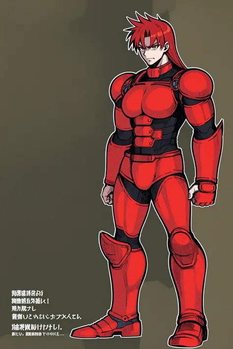 ,, red hair,sentai armor, superhero, metal hero, standing, solo focus, living hair, long hair,mature male,flatchest