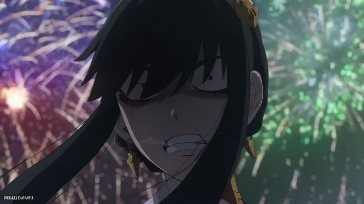 Anime girl with long black hair and yellow crown and fireworks on the background, still from anime, anime movie screenshot, albedo from the anime overlord, by Jin Homura, 8K!, 2 0 1 9 anime screenshot, hanayamata, todays featured anime still, anime still f...