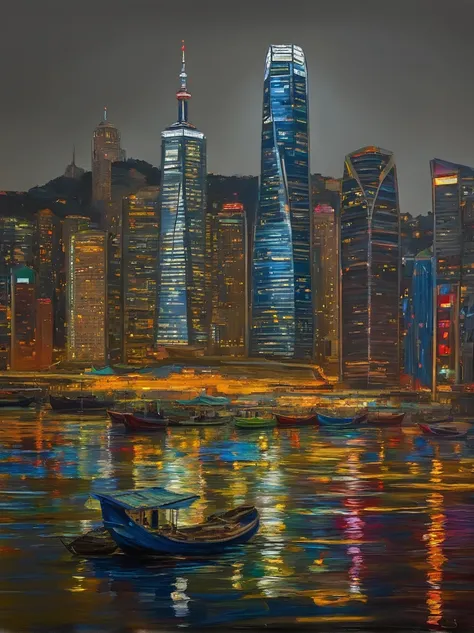 Van Gogh&#39;s painting style, Hong Kong Victoria Harbor night view, Color Field painting, Impressionism, chiaroscuro, vanishing point, wide shot, Ultra-Wide Angle, 8k, super detail, ccurate, best quality, masterpiece, best quality