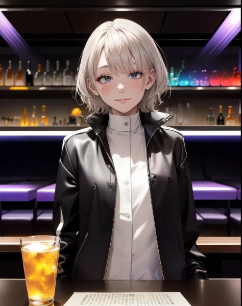 Portrait photo of Elexi Sinclair wearing an es jacket in a nightclub sitting at the bar、sensual smile、(​masterpiece) (top-quality) (detaileds) (8k) (HDR) (wall-paper) (电影灯光) (foco nítido) (Convoluted)