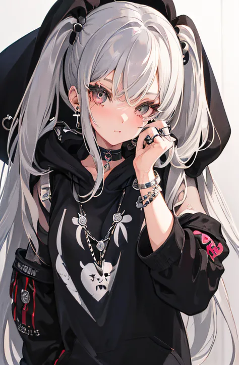 High quality, rich in detail, twin-tailed silver-haired girl posing cutely. She wears a vintage gothic street hoodie with rings, bracelets, earrings and necklaces. Big are also visible. The photo is a close-up of the face, and there is also a sporty atmosp...