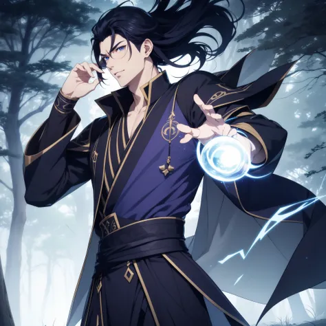 quadratic element，style of anime，One guy（male warrior）the only person，独奏，The magic of controlling electricity，proportions are correct，Face details，black color hair，Neck details，Purple suit，joke，black toga，clothes details，longer sleeves，Game quality，Light a...