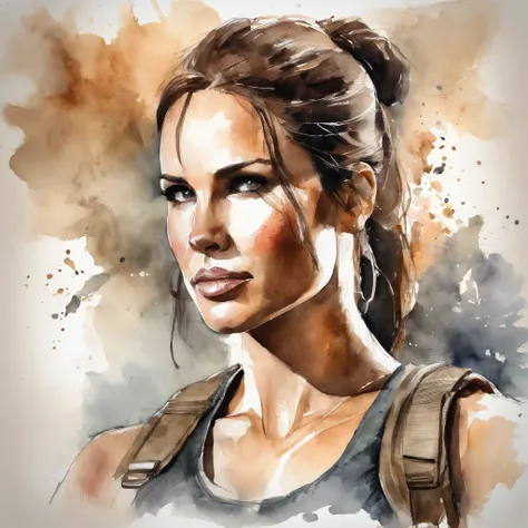 tomb raider Lara Croft watercolor and sketch, in stylish illustrations style, full body, soft watercolors