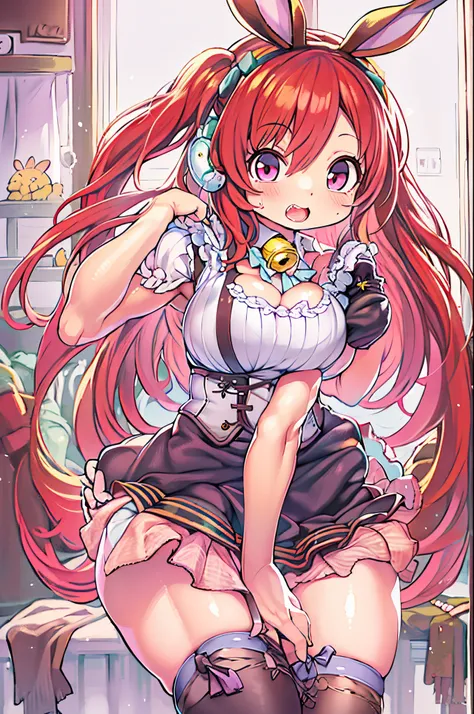 outrageous, Best Quality, 1girl in, Solo, Red hair, Purple eyes, Long hair, Big, Oh Bunny, Bunny ears, Red corset, School run, pinafore, red neck-ribbon, Red skirt, Hair Bow, Short sleeves, Wrist cuffs, White thighs, jingle bell