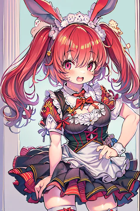 outrageous, Best Quality, 1girl in, Solo, Red hair, Purple eyes, Long hair, Big, Oh Bunny, Bunny ears, Red corset, School run, pinafore, red neck-ribbon, Red skirt, Hair Bow, Short sleeves, Wrist cuffs, White thighs, jingle bell