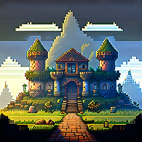 pixelart of a castle, pixel art, forest, castle, fog, ruins, landscape, pixels